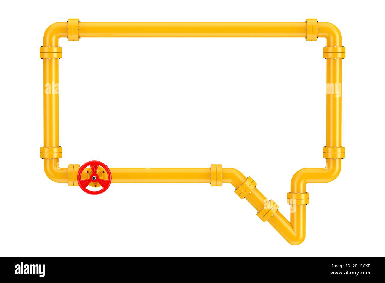 Gelbe Gasleitung mit Ventil in Sprachform oder Think Bubble auf weißem Hintergrund. 3D-Rendering Stockfoto