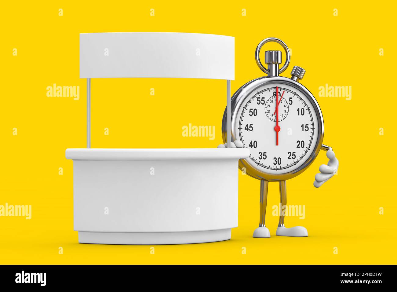 Moderner Stehplatz mit „Stop Watch“-Cartoon-Figur und nahezu leerem Maskottchen mit freiem Platz für dein Design auf gelbem Hintergrund. 3D-Rendering Stockfoto