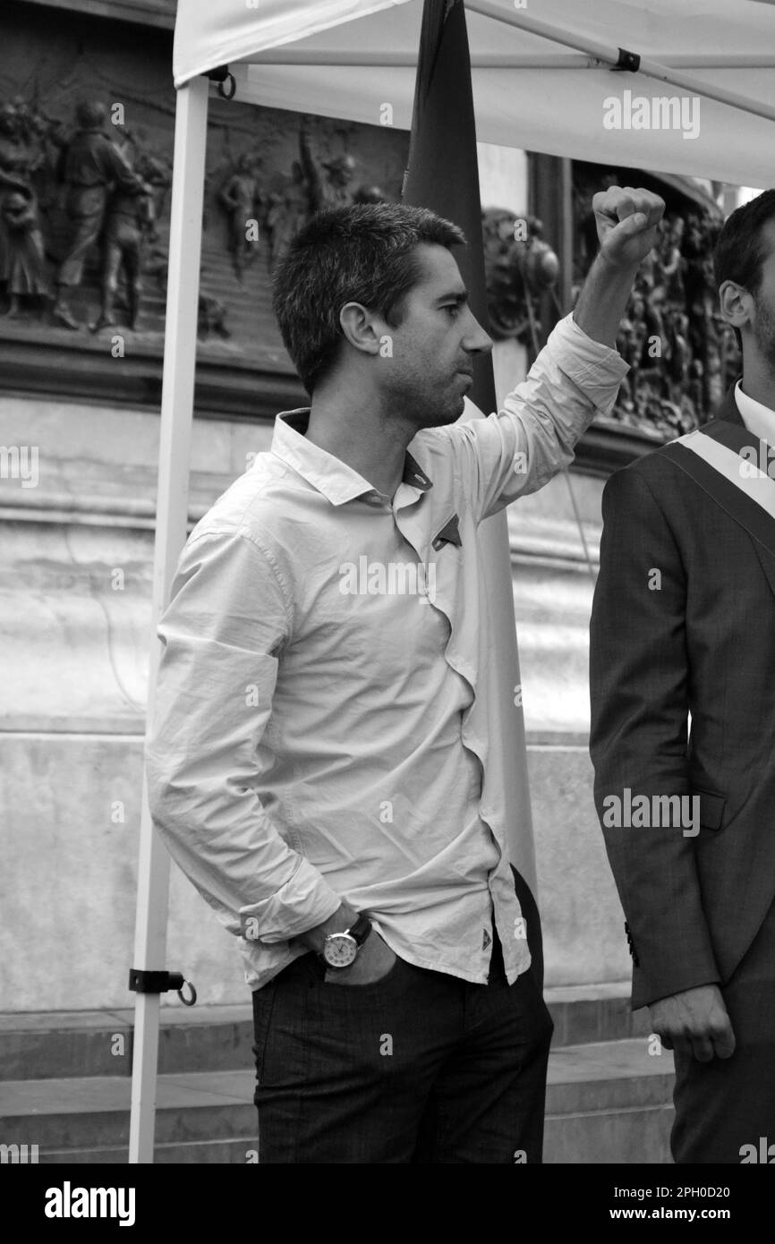 Paris, Frankreich - Juli 11. 2017 : politische Tagung "La France Insoumise" auf dem Place de la Republique. Porträt des französischen Stellvertreters Francois Ruffin Stockfoto