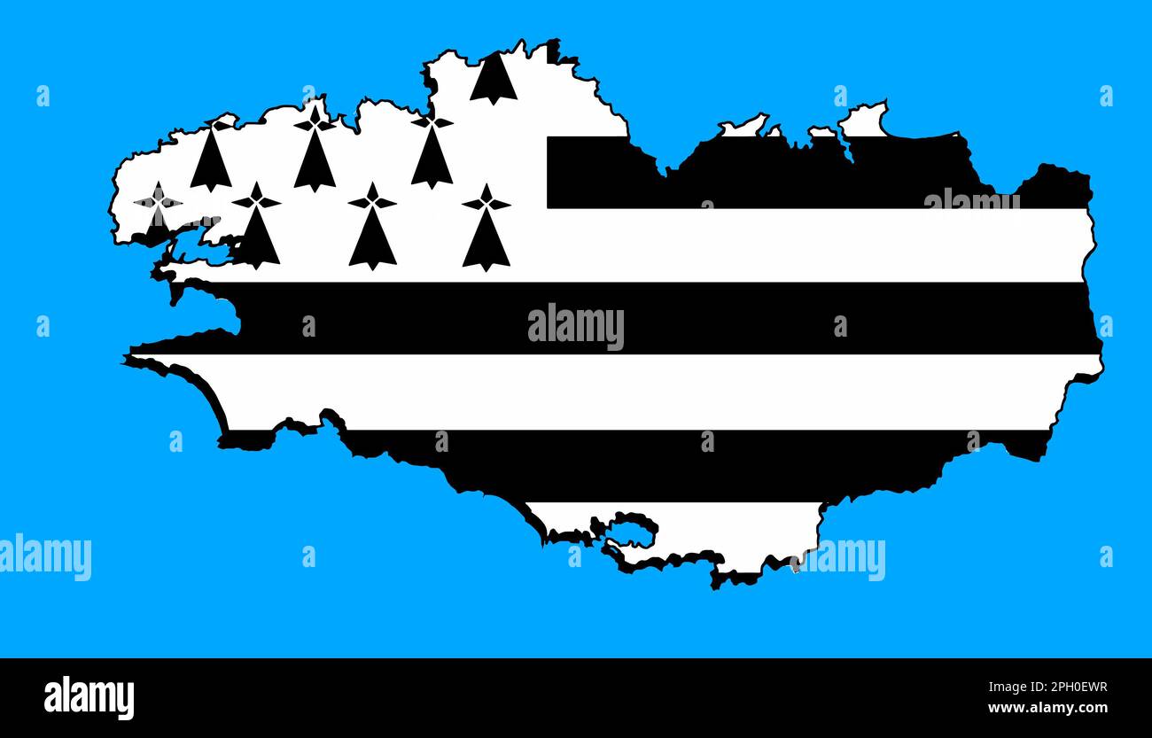 Karte und Flagge der Bretagne auf blauem Hintergrund Stockfoto