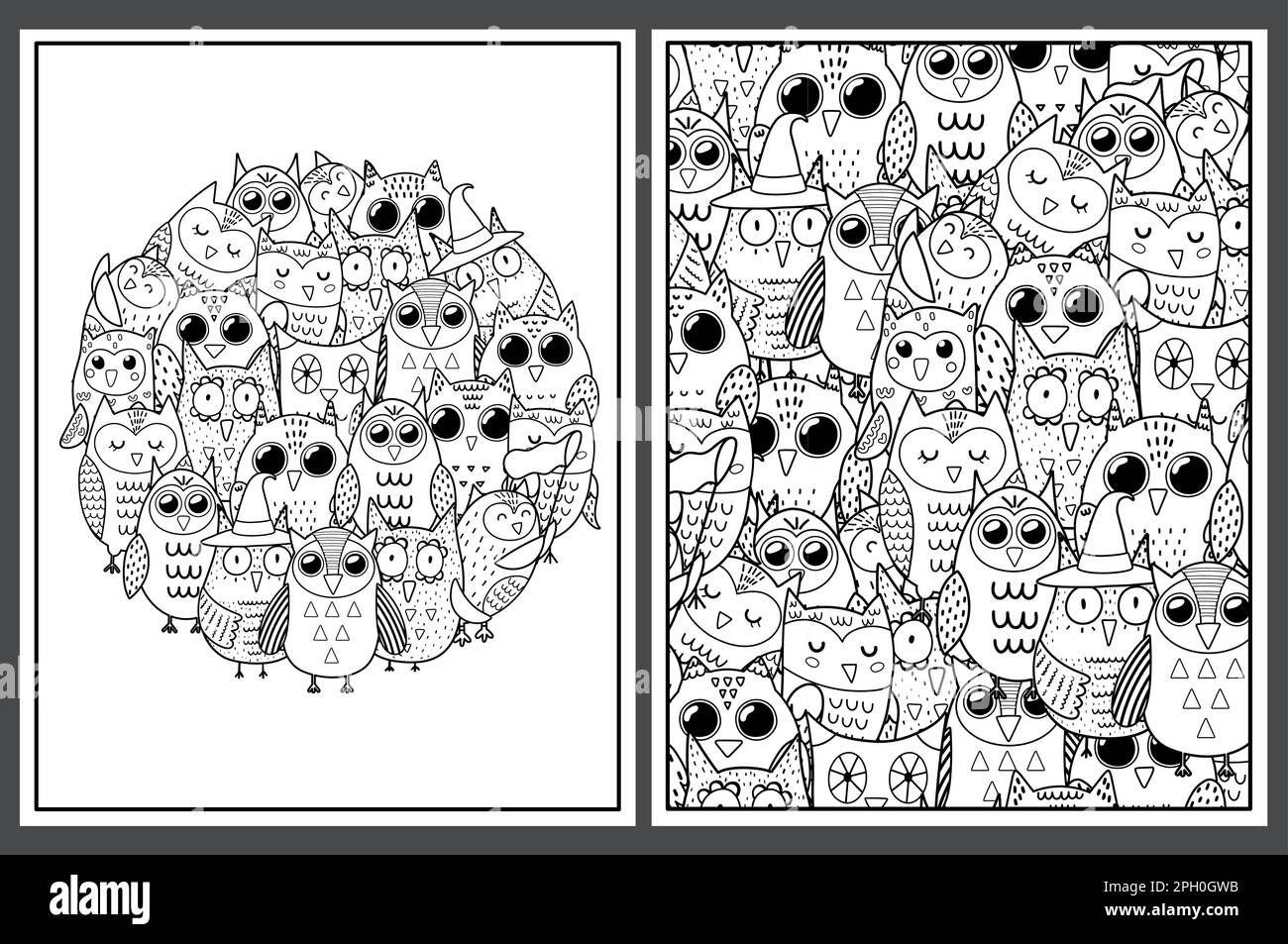 Farbseiten mit süßen Eulen. Doodle Birds für Malbuch Stock Vektor