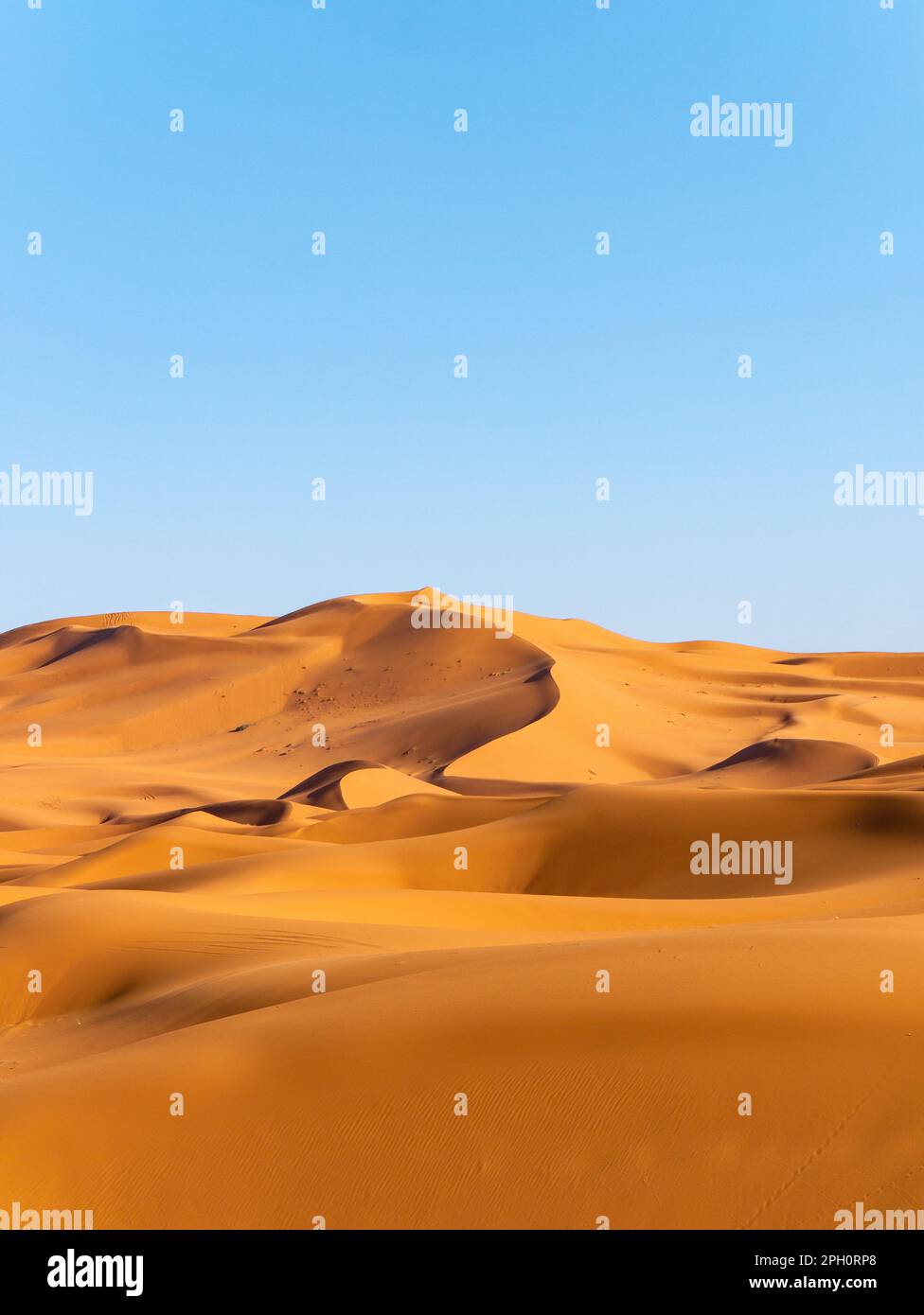 Atemberaubende Sanddünen in der Nähe von Merzouga, Marokko bei Sonnenuntergang - Porträtaufnahme Stockfoto