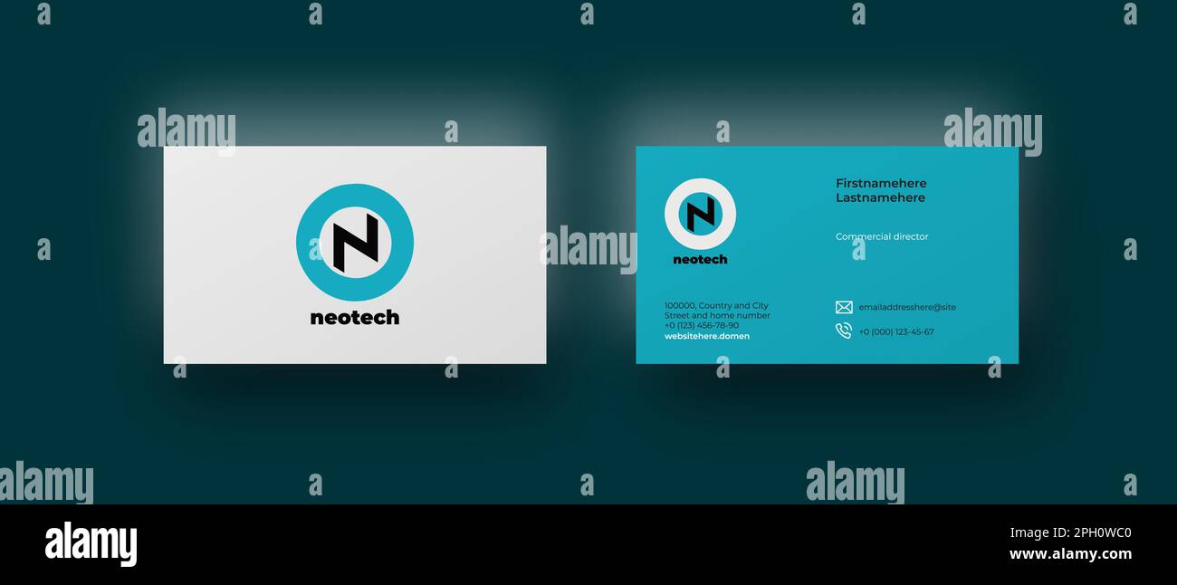 Premium-Visitenkarte, Draufsicht mit rundem N-Logo und blauem Hintergrund, E-Mail- und Telefonsymbolen. Minimalistischer Stil für Corporate Identity Stock Vektor