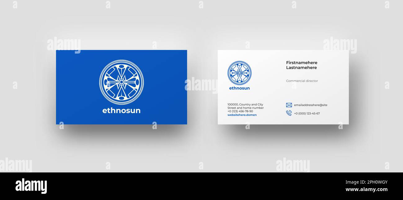 Realistisches Visitenkartenmodell mit kreisförmigem Ziermuster und blauem Hintergrund, E-Mail- und Telefonsymbolen. Minimalistischer Stil für Corporate Identity Stock Vektor