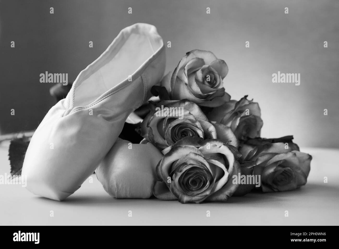 Neue Ballettschuhe mit Rosen. Elegante Ballettschuhe. Tanz schwarz-weiß Stockfoto