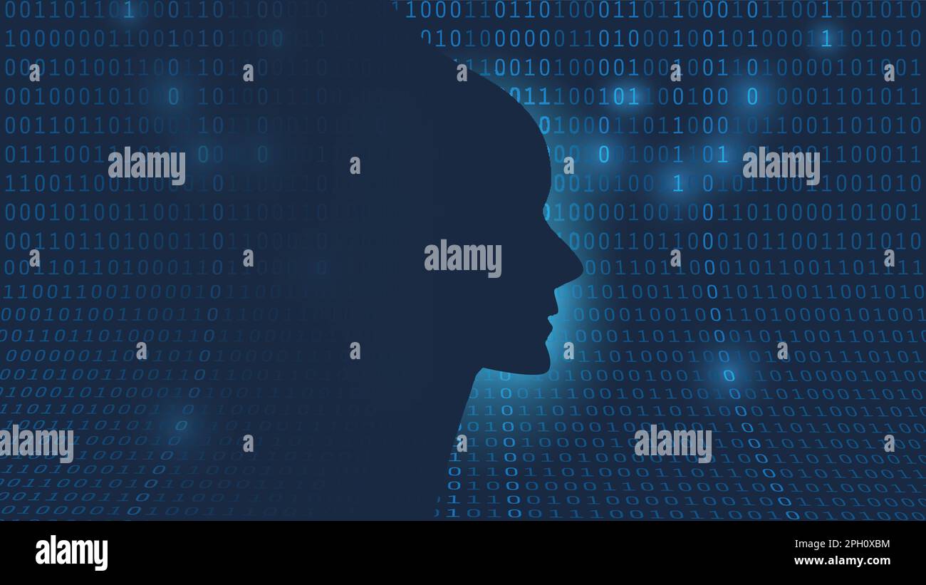 Dark futuristic Machine Learning, künstliche Intelligenz, Cloud Computing, automatisierte Support-Unterstützung und Netzwerkdesign-Konzept mit Roboter oder Hum Stock Vektor