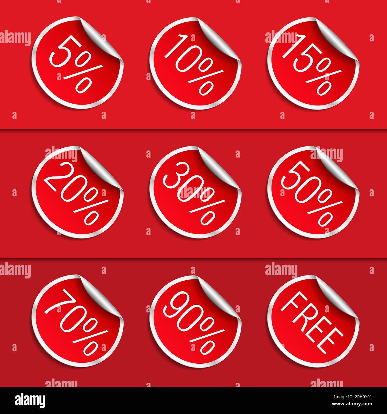 Satz roter Aufkleber mit verschiedenen Rabatten, Vektor EPS10-Abbildung Stock Vektor