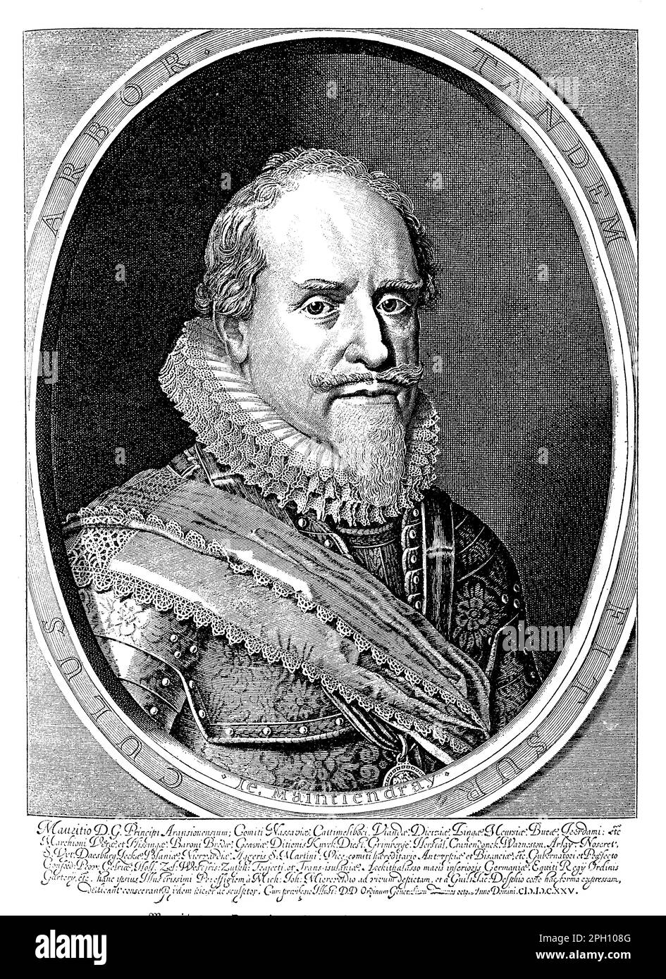 Maurice of Orange (1567-1625) war ein niederländischer Prinz und Militärführer, der eine Schlüsselrolle bei der niederländischen Revolte gegen die spanische Herrschaft und bei der Gründung der Vereinigten Provinzen der Niederlande spielte. Er gilt weithin als einer der größten Militärbefehlshaber der frühen Neuzeit, bekannt für seine innovative Taktik und strategische Vision. Maurice war maßgeblich an mehreren wichtigen Schlachten beteiligt, darunter der Belagerung von Leiden und der Schlacht von Nieuwpoort. Außerdem spielte er eine Schlüsselrolle bei der Gründung der Dutch East India Company und der Modernisierung der niederländischen Armee. Maurices Vermächtnis ist weiterhin feierlich Stockfoto
