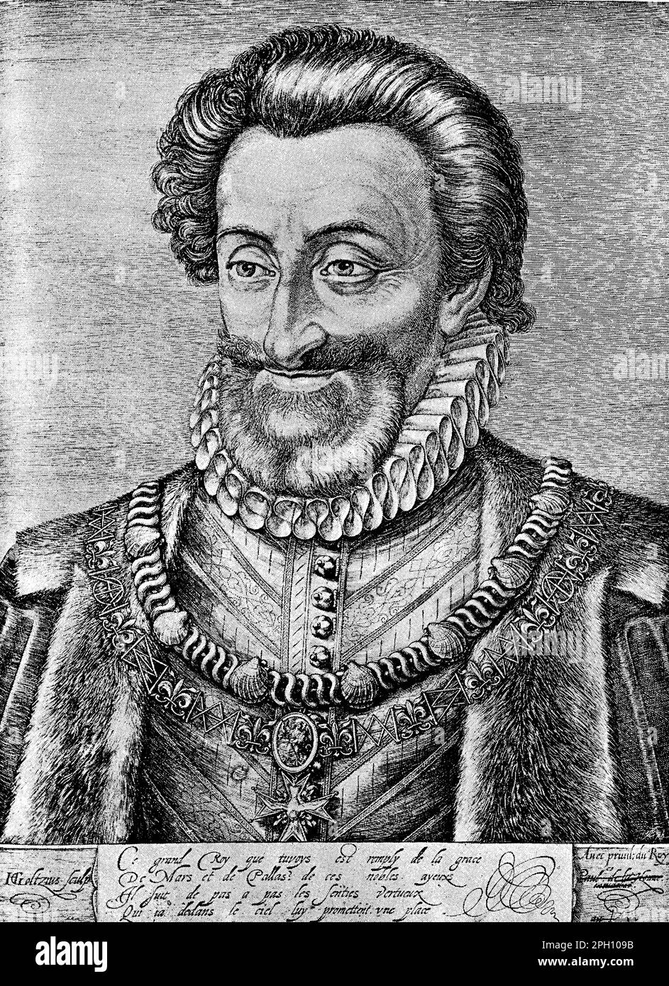 Heinrich IV. (1553-1610) war von 1589 bis zu seiner Ermordung im Jahr 1610 König von Frankreich. Er war ein geschickter Militärbefehlshaber und ein beliebter Monarch, bekannt für seine Bemühungen, die kriegführenden Fraktionen Frankreichs nach den Religionskriegen zu versöhnen. Er gab den Erlass von Nantes ab und gewährte französischen Protestanten religiöse Toleranz. Henry leitete auch ein bedeutendes wirtschaftliches und kulturelles Wachstum und legte damit die Grundlage für den französischen Absolutistenstaat. Stockfoto