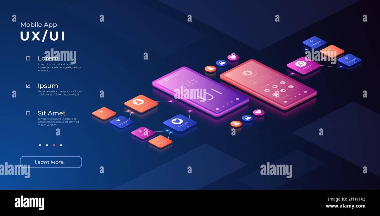 UI-UX-Design. Mobiler Prototyp. 3D-Benutzeroberfläche. Digitale Technologie. Verwaltung von Smartphone-Anwendungen. Elektronische Geräte. Steuerung über die Telefon-App. Kontozugriff. Vector-Webbanner-Vorlage Stock Vektor