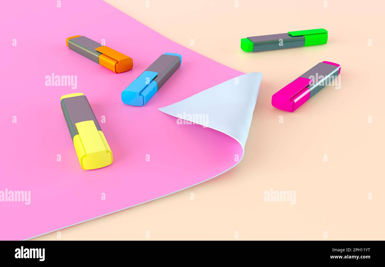 Farbige Texttrennzeichen liegen auf rosafarbenem Karton mit einer gebogenen Ecke. Pastellfarben, Kopierbereich. Schreibwaren, Schul- und Bürobedarf Stockfoto
