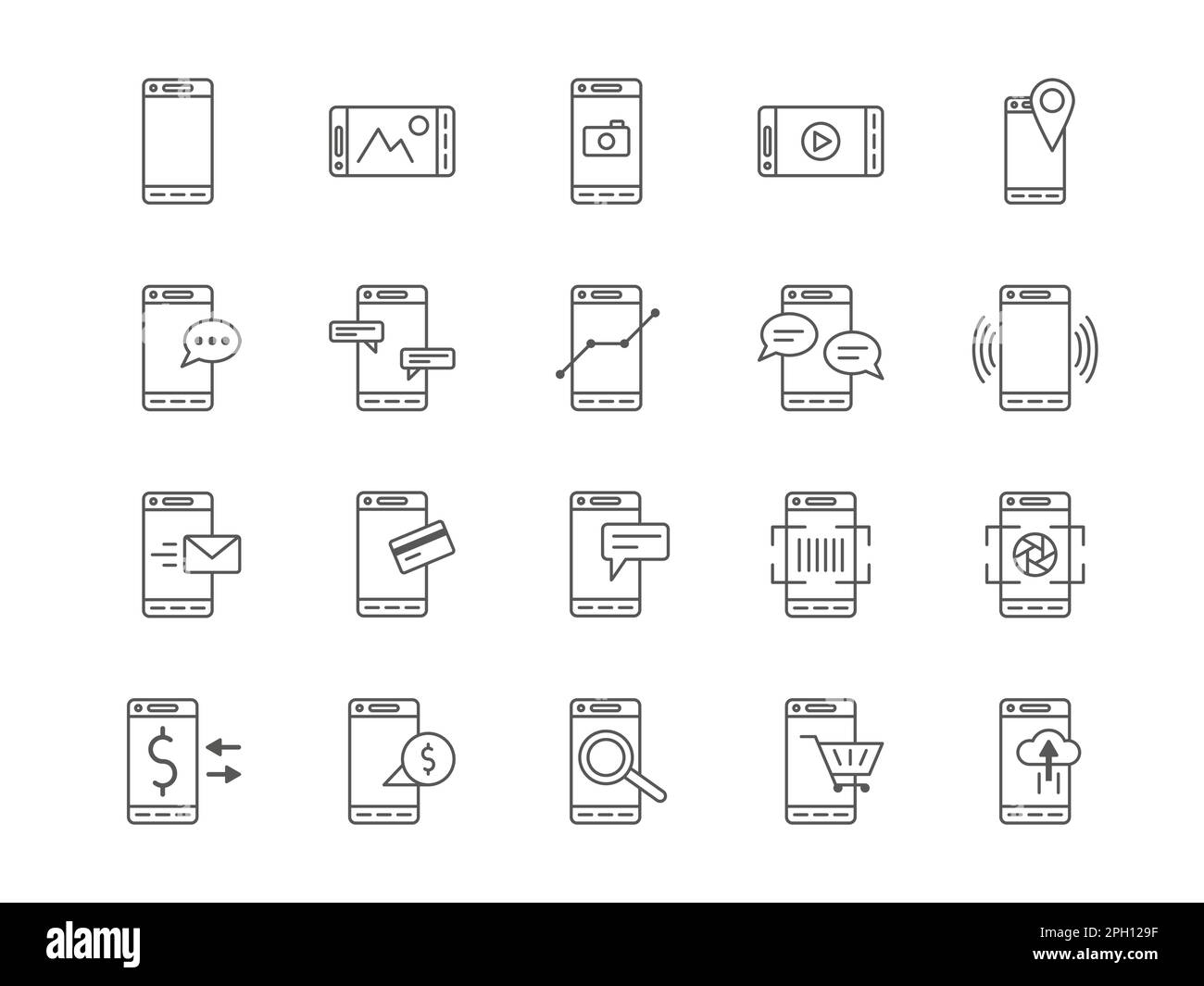 Handysymbole. Mobiles Einkaufen. Digitale Datensuche. Hochladen der Zahlungsanwendung. Bearbeitung übertragen. Videokamera. Telefonkurier. QR-Scan. Banking-App. Piktogramme für Vector-Smartphone-Anwendungen Stock Vektor