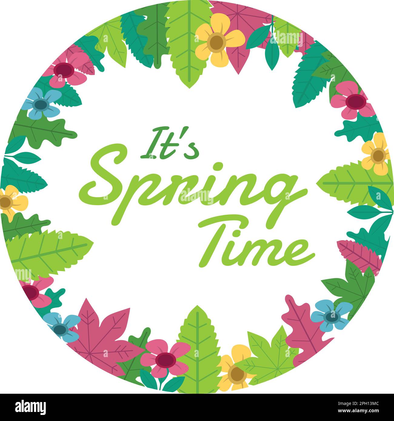 Grüner Frühlingskreis Grußkartenvektorbild. Kranz farbenfrohe Blumen und Blätter im Frühling. Stock Vektor