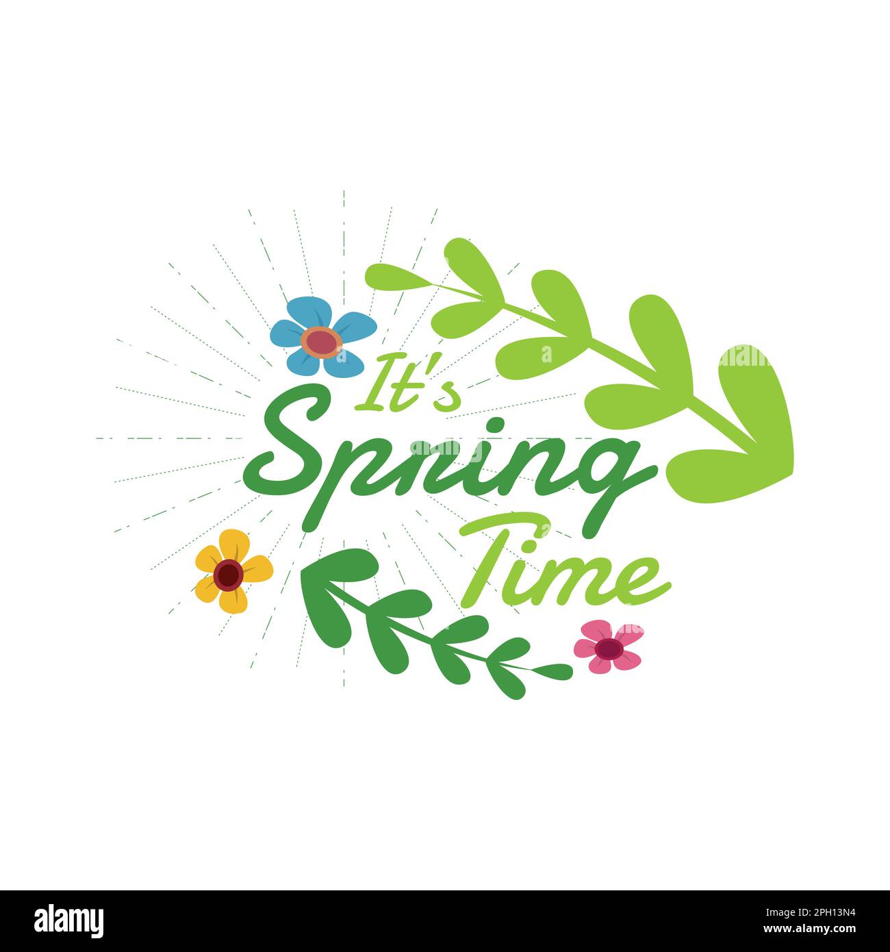 Saisonales Frühlingslogo. Frisches Frühlingslogo mit Blumen, Blättern und Schmetterlingen Stock Vektor