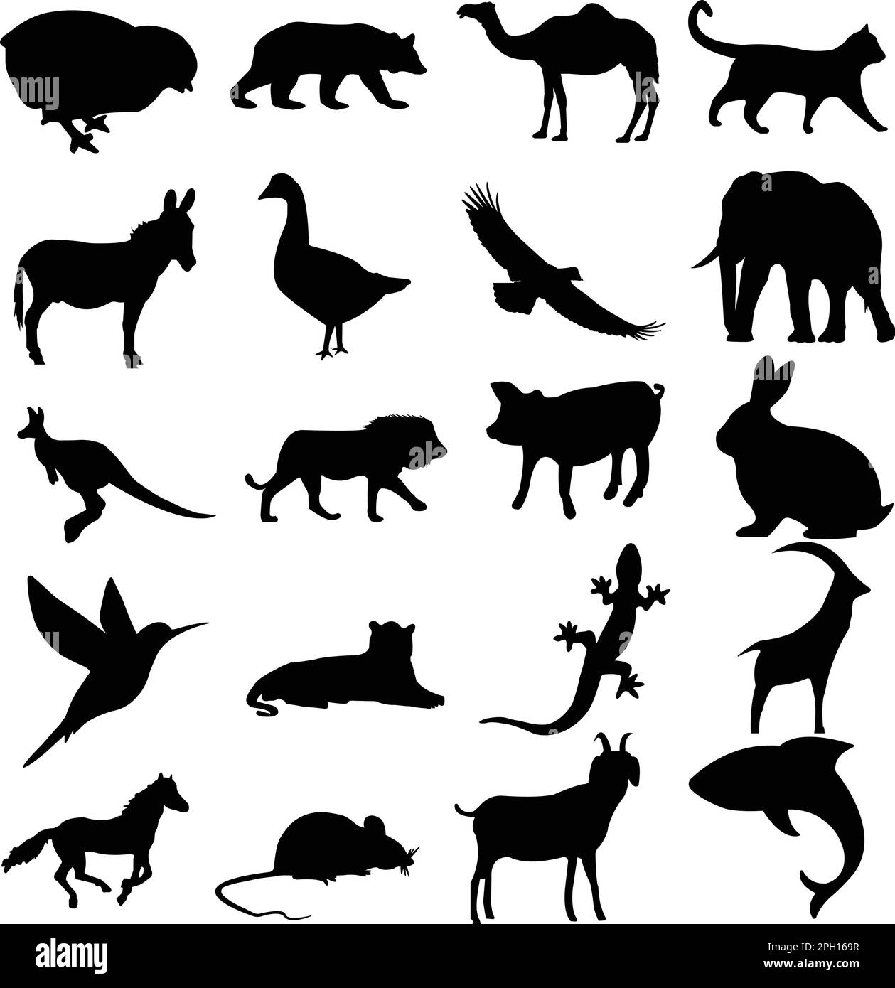 Ein Set von Tiersilhouetten. känguru, Löwe, Schwein, Kamel, hier. Spatz, Taube, Eidechse, Dall-Schafe, Ratte, Delfin, Esel, Elefant, Ente, Adler Stock Vektor