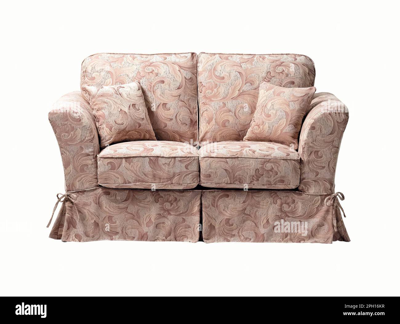 Modernes Sofa mit Blumenmuster isoliert auf weißem Hintergrund Stockfoto