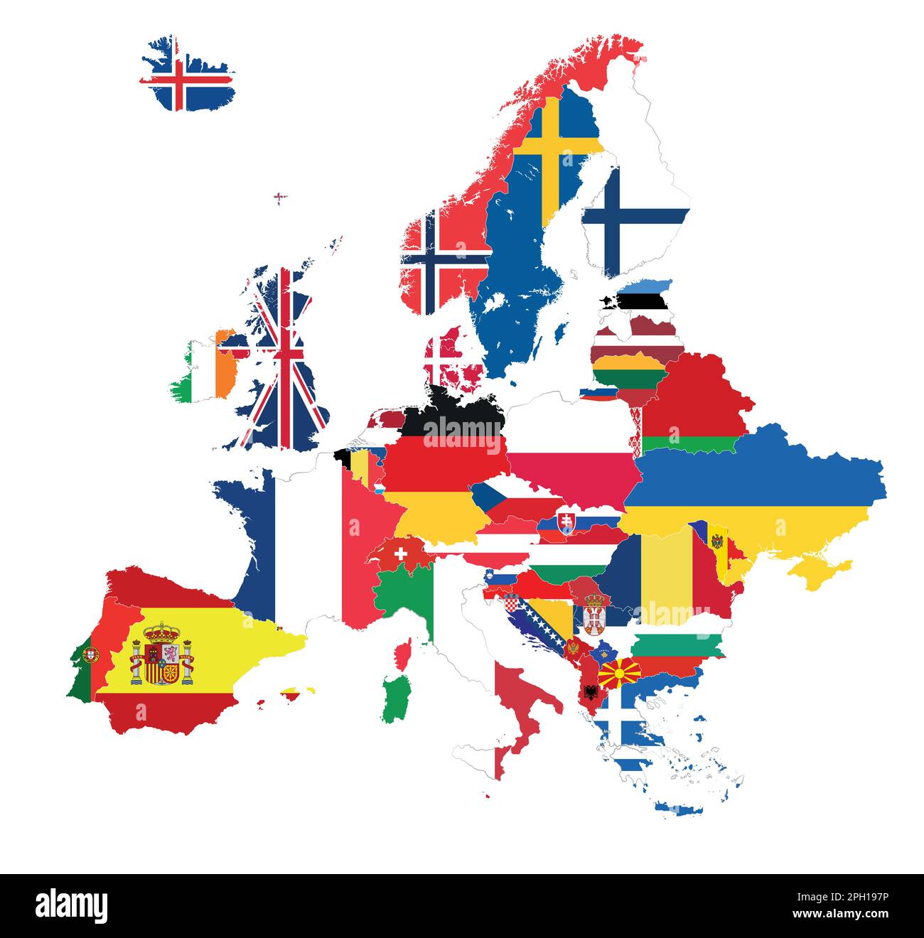 Karte „Europa“ mit Landesflaggen. Alle Elemente sind in abtrennbaren und bearbeitbaren Ebenen getrennt. Vektordarstellung Stock Vektor
