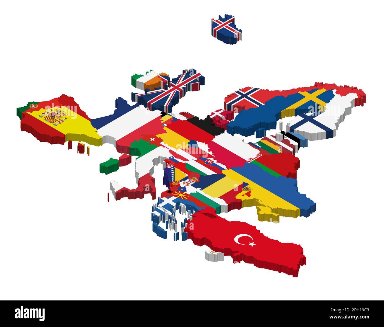 Karte der Strategie Europa 3D (isometrisch) mit nationalen Flaggen innerhalb der Landesgrenzen Stock Vektor