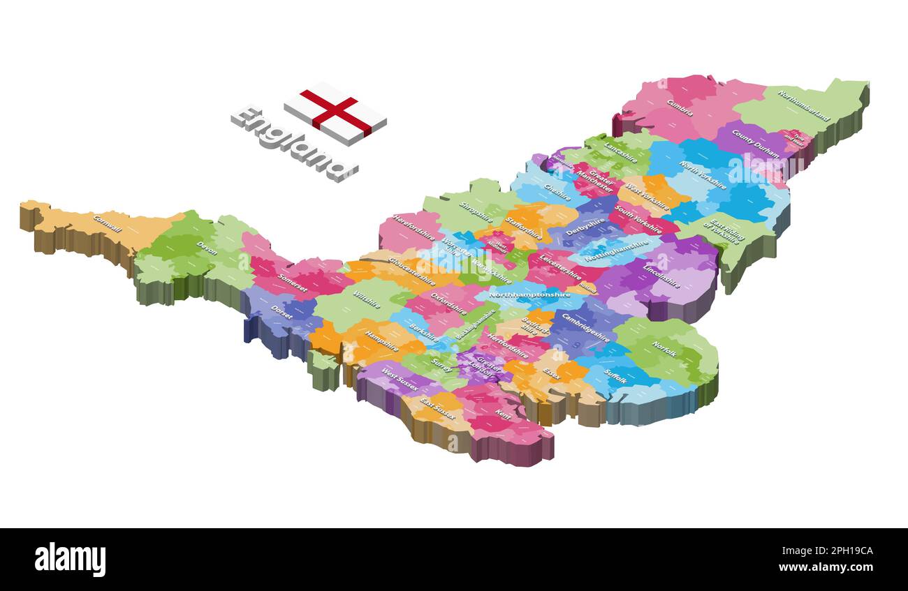 Isometrische Karte der englischen Bezirke, gefärbt durch zeremonielle Bezirke Stock Vektor