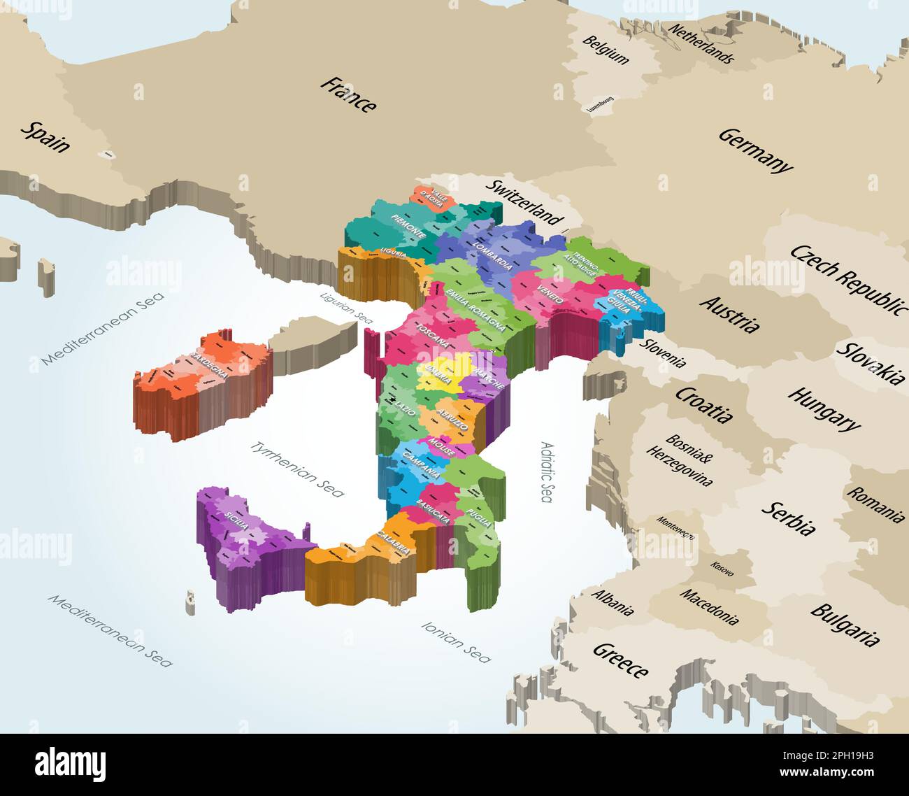 Italien Isometrische Karte der Gemeinden, die nach Verwaltungsregionen mit Nachbarländern farblich gekennzeichnet ist Stock Vektor