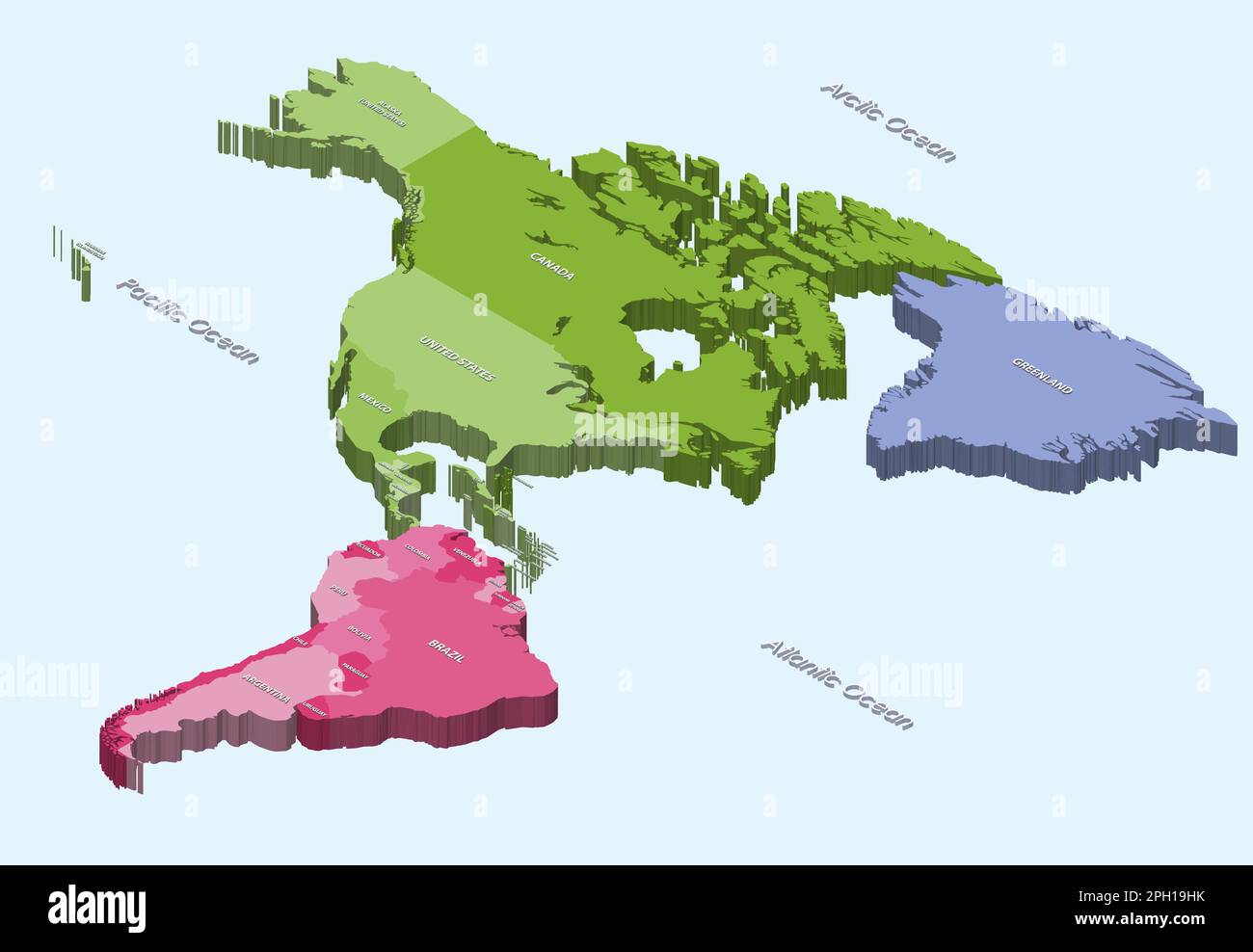 Nord- und Südamerika 3D-Karte (isometrisch) auf hellblauem Hintergrund Stock Vektor