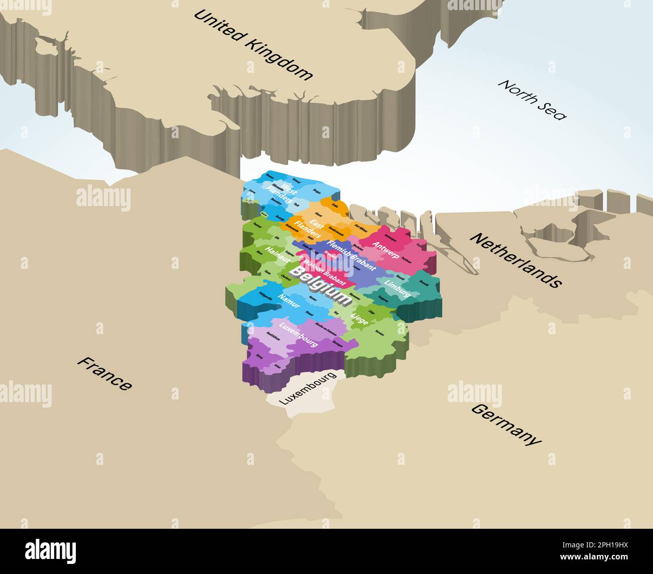Belgien 3D (isometrisch) Vektorkarte farbig nach Provinzen mit Nachbarländern Stock Vektor