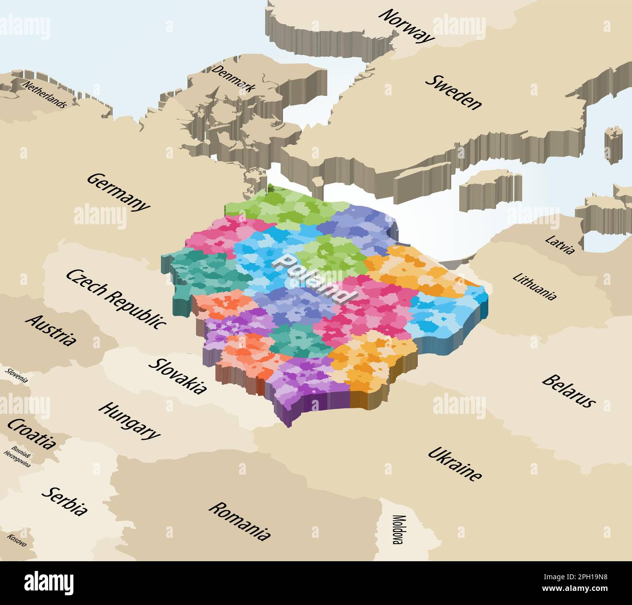 Isometrische Karte Polens mit Verwaltungsunterteilungen, die nach Regionen (Woiwodschaften) mit Nachbarländern farblich gekennzeichnet sind Stock Vektor