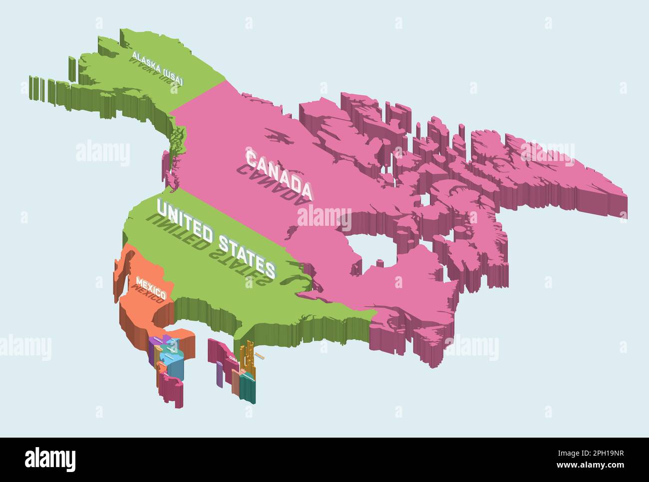 Nordamerika 3D-Karte (isometrisch) auf hellblauem Hintergrund mit volumetrischen Beschriftungen Stock Vektor