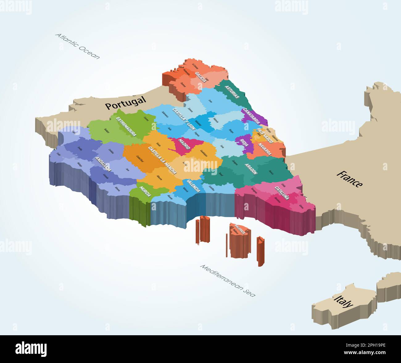 Isometrische Karte der Autonomen Gemeinschaften und Provinzen Spaniens Stock Vektor