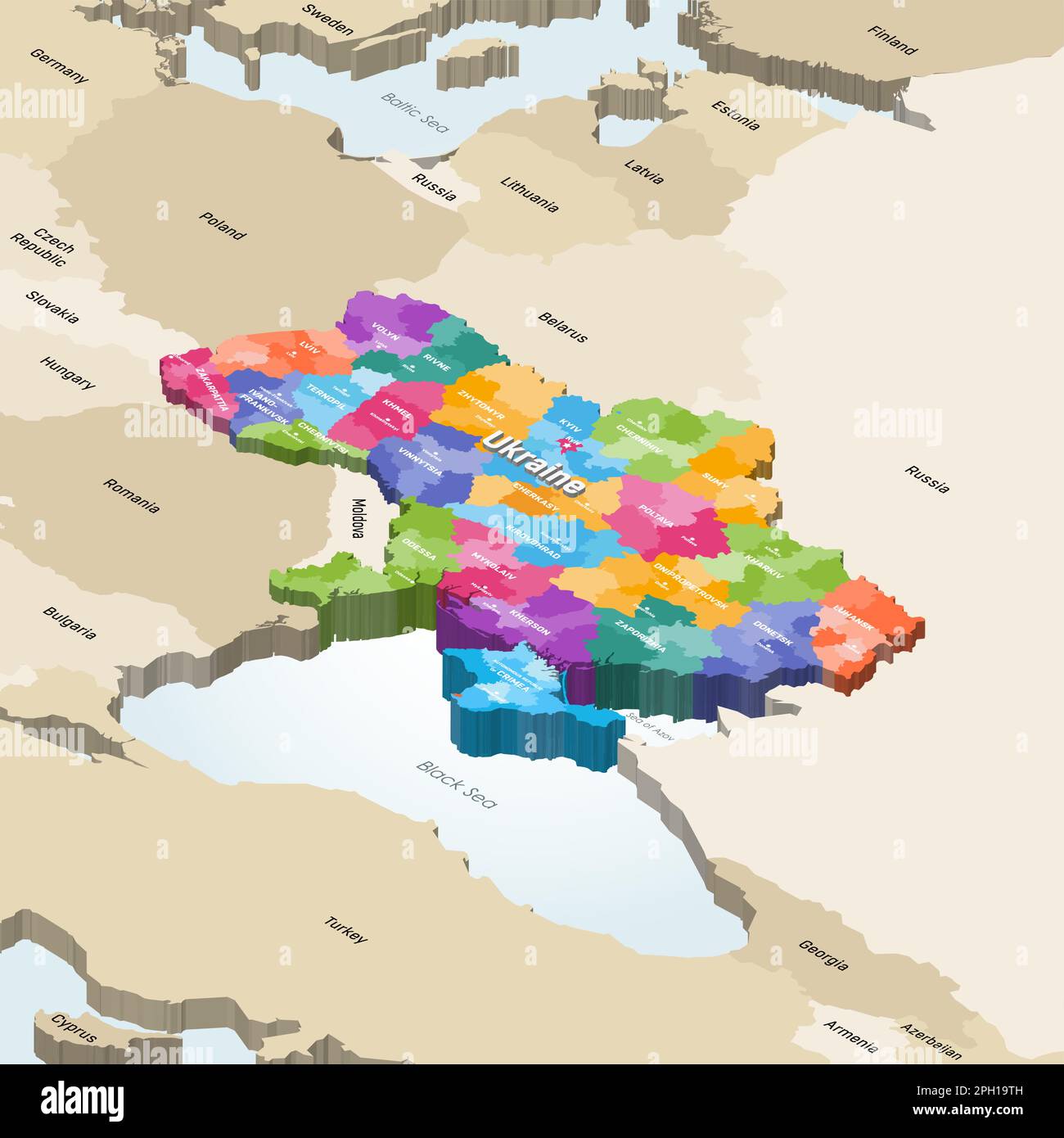 Isometrische Vektorkarte der Ukraine, farblich dargestellt durch Verwaltungsabteilungen (Oblasten und Rionen) mit Nachbarländern Stock Vektor