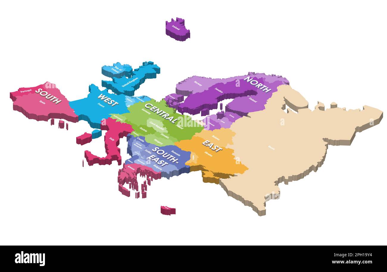 (Isometrische) Karte Europa 3D, farbig nach Regionen Stock Vektor