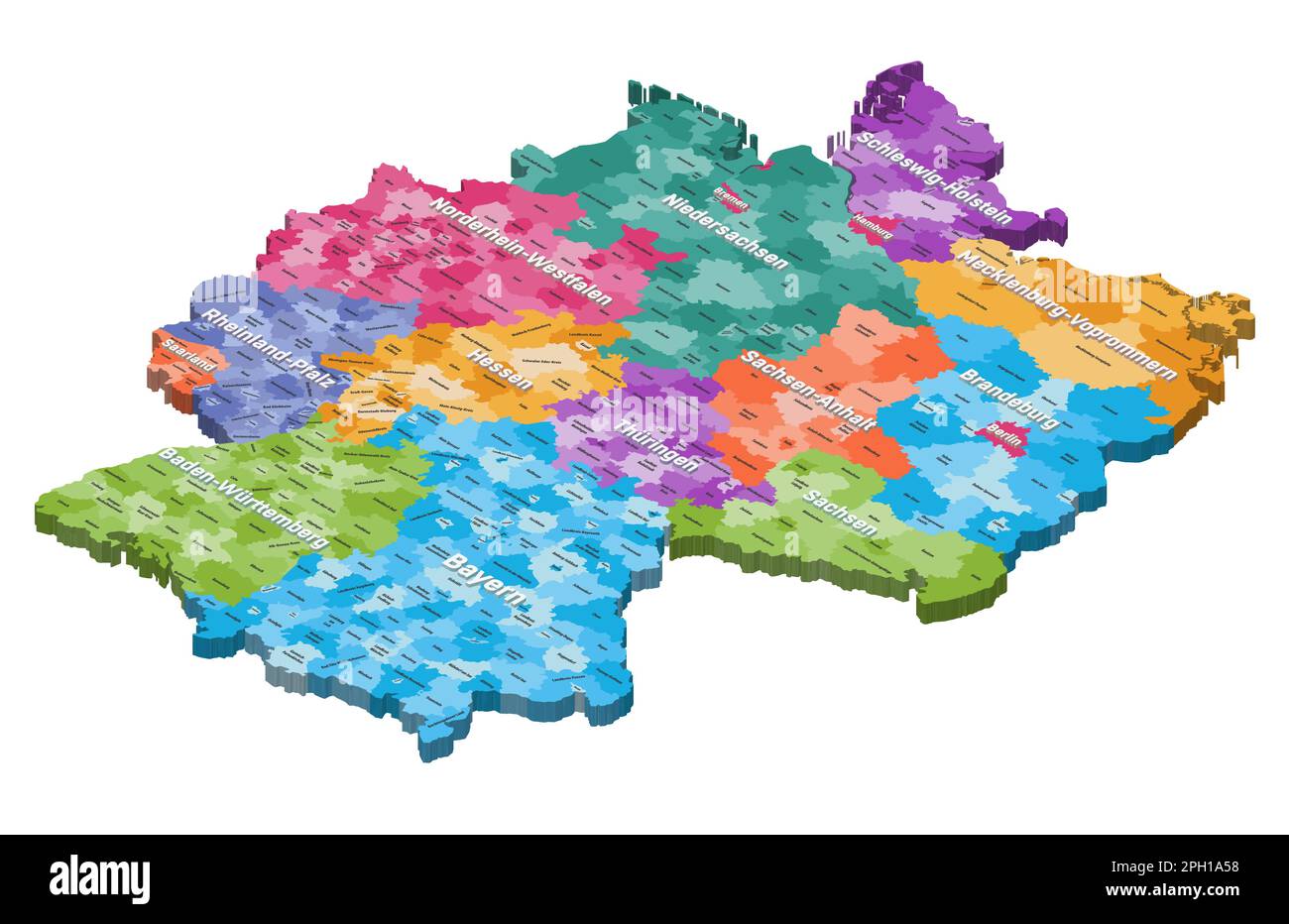 Isometrische Karte Deutschlands, nach Bundesstaaten und Verwaltungsbezirken farblich dargestellt, mit Inschriften Stock Vektor