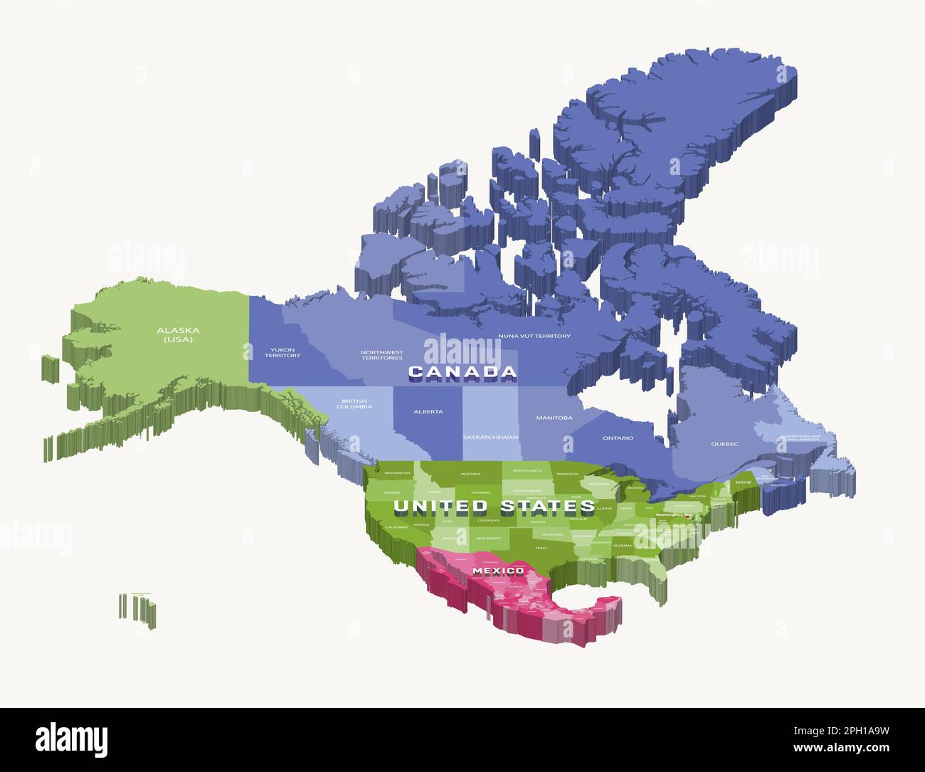 USA, Kanada und Mexiko 3D (isometrisch) farbige Karte mit Staatsgrenzen und Namen Stock Vektor