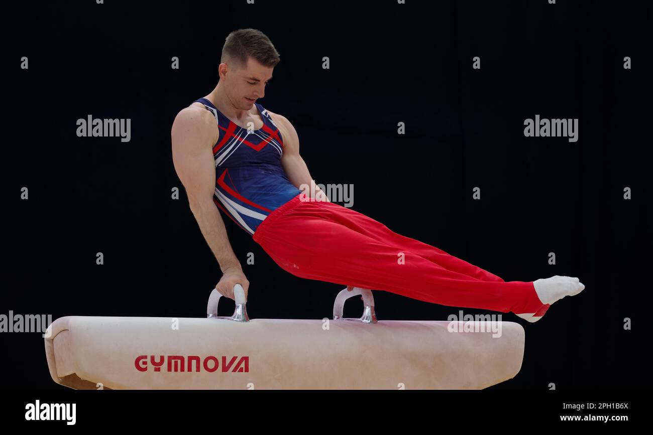 Messezentrum, Liverpool, Großbritannien. 25. März 2023. British Gymnastics Championships Day 3; ; Individuelles All-Around-Finale für Herren Pommel Horse - Max Whitlock OBE (South Essex GC) erzielt 15,1 Punkte auf dem Pommel Credit: Action Plus Sports/Alamy Live News Stockfoto