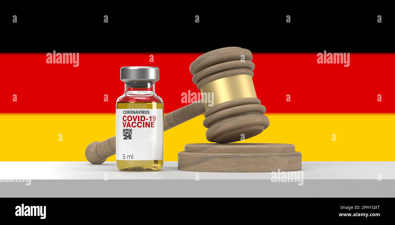 Covid-19-Impfstoffflasche und hölzerner Richterhammer auf deutscher Flagge. Das Impfrechtsentscheidungskonzept. 3D-Hintergrund, Kopierbereich, Beschneidungspfad Stockfoto