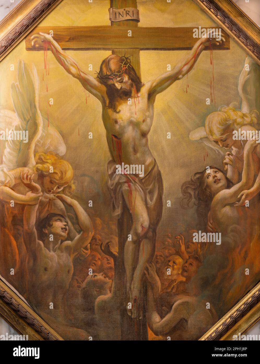 GENUA, ITALIEN - 5. MÄRZ 2023: Das Gemälde der Kreuzigung und der Seelen des Fegefeuers in der Kirche Chiesa di Santa Maria Maddalena von Mattia Traverso (2 Stockfoto