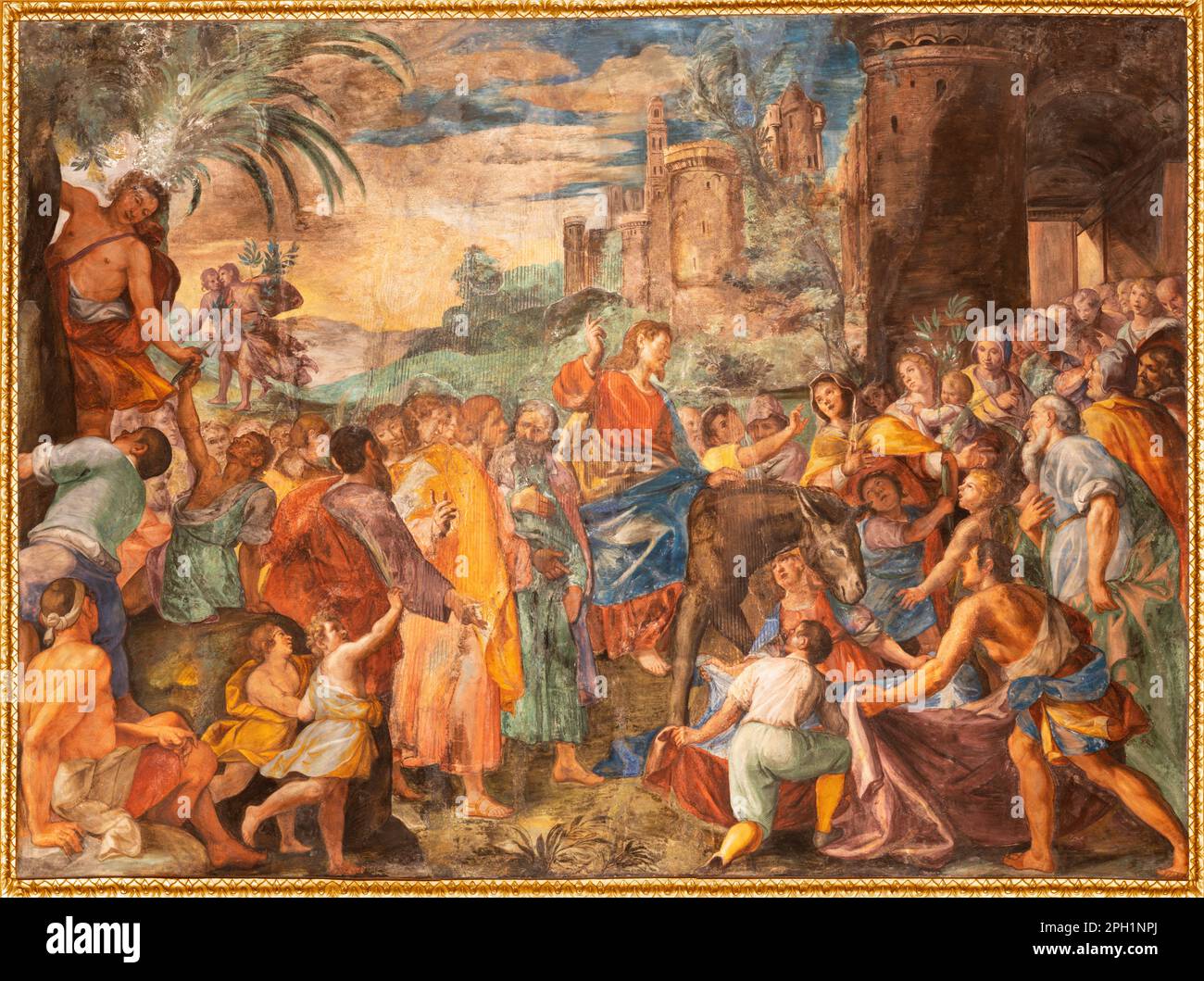 GENUA, ITALIEN - 5. MÄRZ 2023: Das Fresko des Eintritts Jesu in Jerusalem in die Kirche Chiesa del Gesu von Giovanni Battista und seinem Bruder Giovanni C. Stockfoto