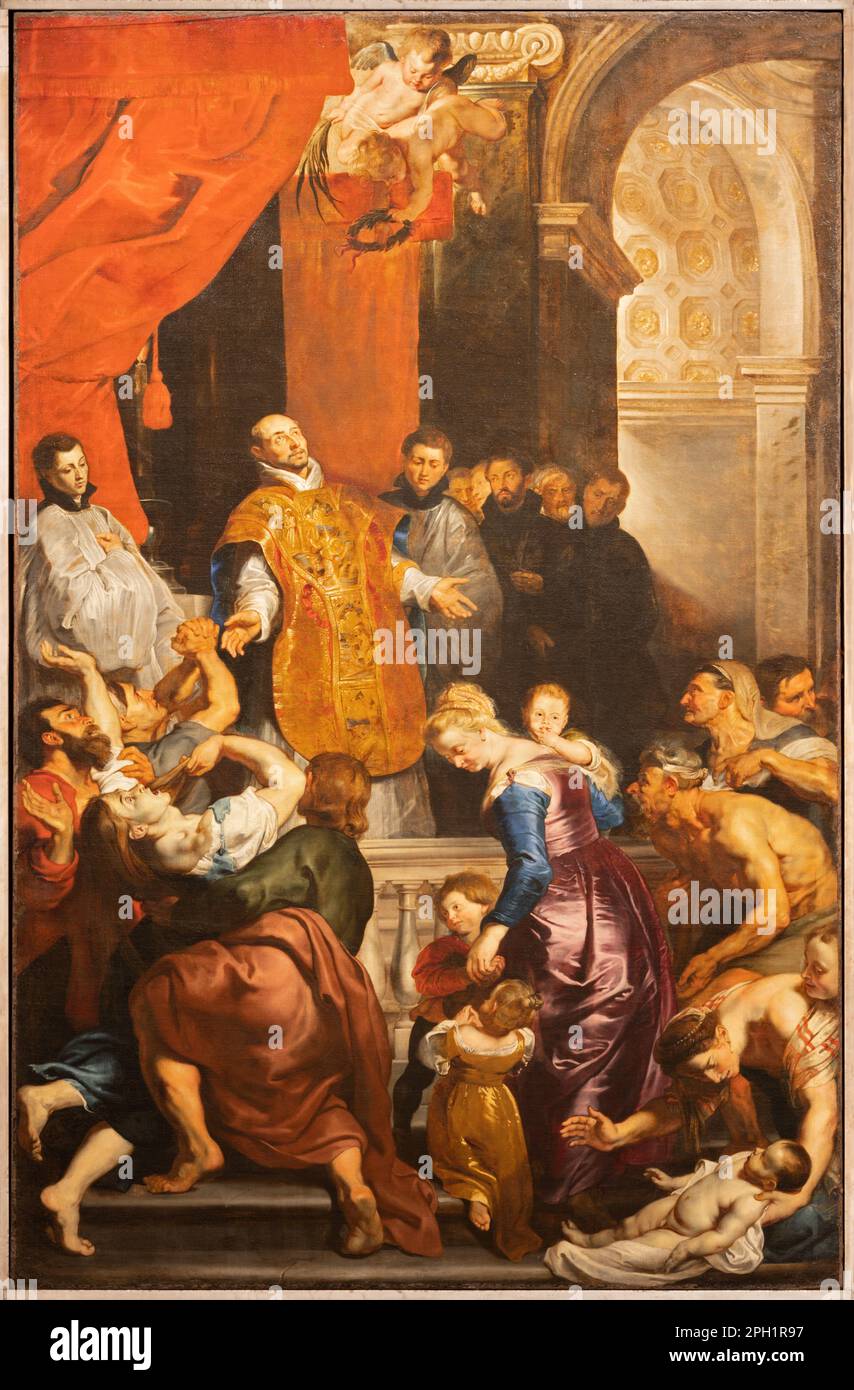 GENUA, ITALIEN - 7. MÄRZ 2023: Das Gemälde-Wunder von St. Ignace in der Kirche Chiesa del Gesu e dei Santi Ambrogio e Andrea von Peter Paul Rubens (15 Stockfoto