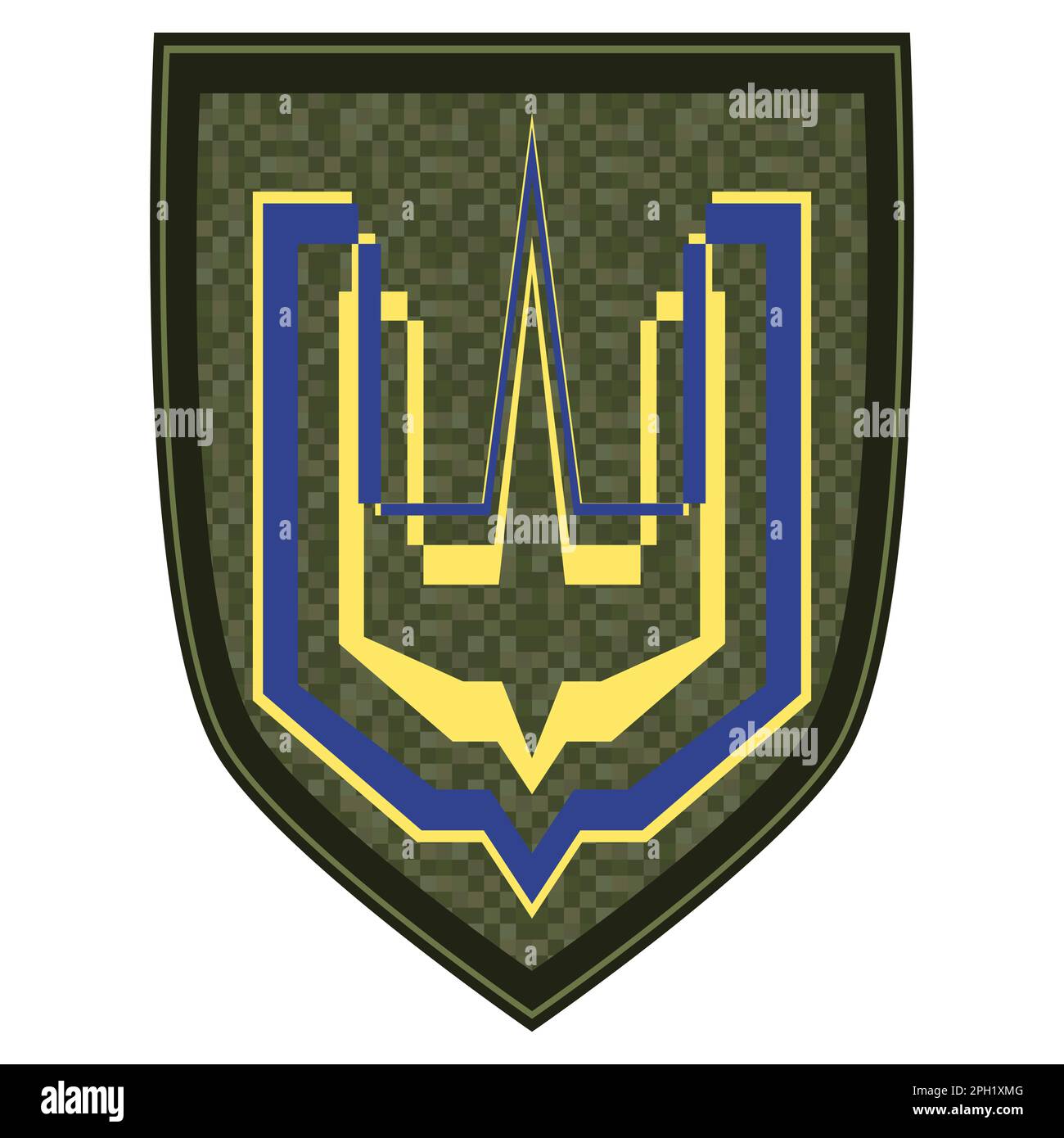 Uniformschild mit goldenem Dreizack. Das grüne Militär ist ein Schulterabzeichen. Armeesoldat Chevron. Farbige Vektordarstellung isoliert auf weißem Hintergrund Stock Vektor