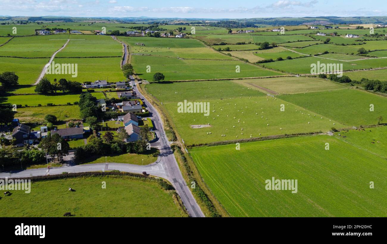 Ackerland in Irland an einem sonnigen Sommertag. Malerische landwirtschaftliche Landschaft, Draufsicht. Ländlicher Raum. Grünes Grasfeld und Tiere auf der Weide Stockfoto