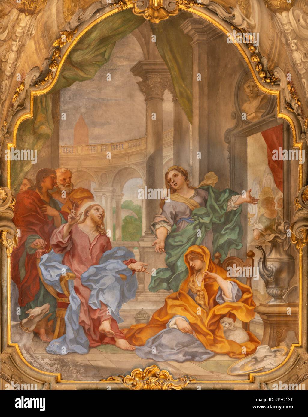 GENUA, ITALIEN - 6. MÄRZ 2023: Das Fresko Christus im Haus von Martha und Maria in der Kirche Chiesa di Santa Marta ab 17. Cent. Stockfoto