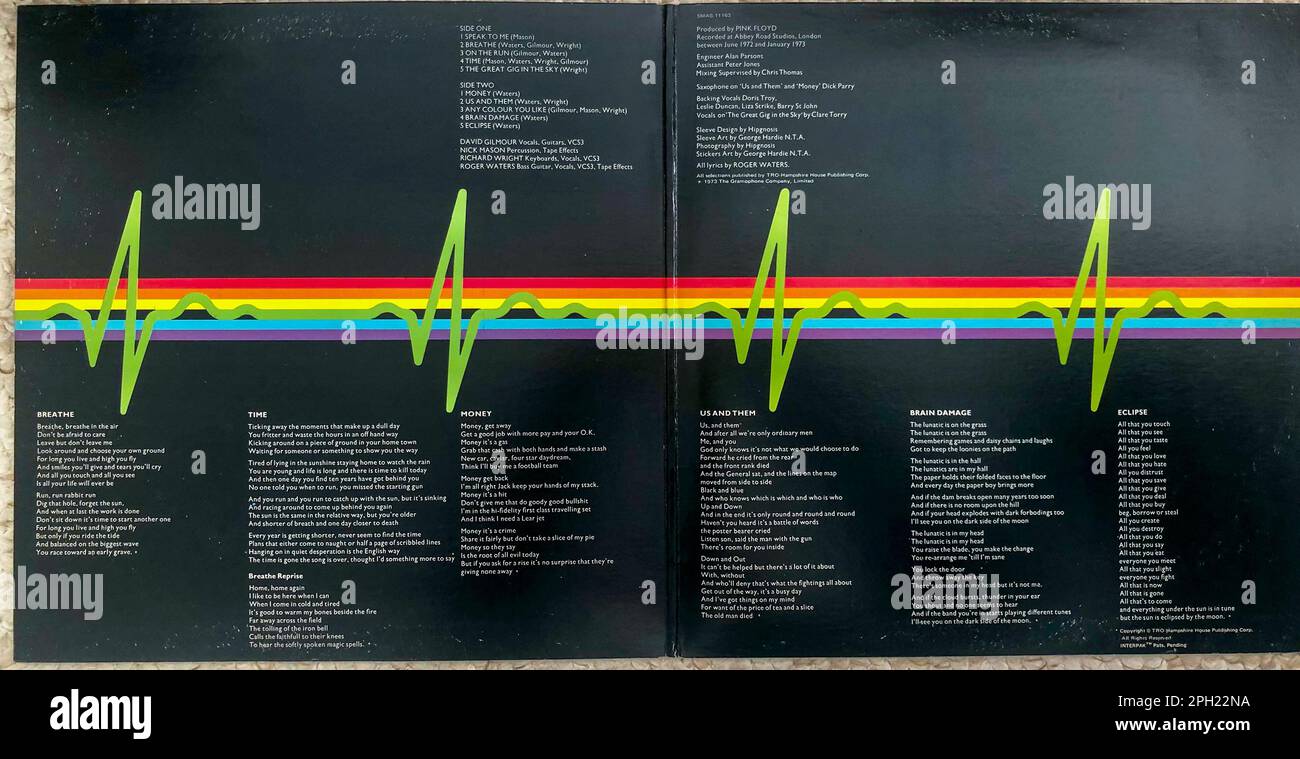 Pink Floyd LP Vinyl-Cover, 'Dark Side of the Moon' Vintage-Album der 1970er Jahre, Classic Rock Stockfoto