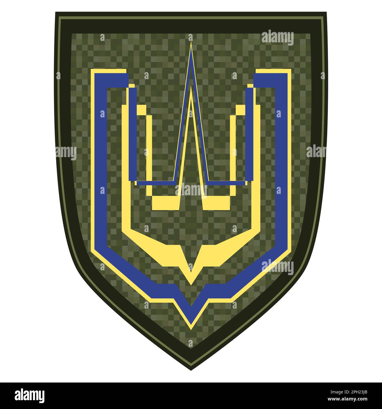 Uniformschild mit goldenem Dreizack. Das grüne Militär ist ein Schulterabzeichen. Armeesoldat Chevron. Farbenfrohe Darstellung isoliert auf weißem Hintergrund. Stockfoto