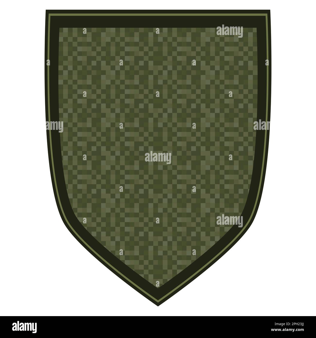 Das grüne Militär ist ein Schulterabzeichen. Armeesoldat Chevron. Einheitliches Schild mit grüner Pixeltarnung. Farbenfrohe Illustration isoliert auf weißem Hintergrund Stockfoto