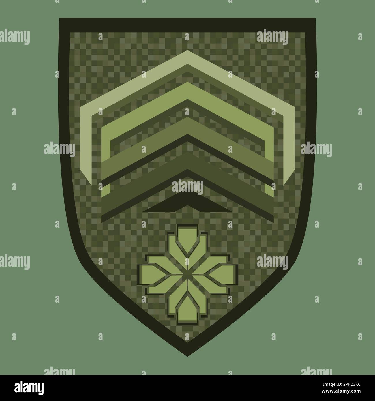 Das grüne Militär ist ein Schulterabzeichen. Armeesoldat Chevron. Uniform mit grünem Stern. Farbenfrohe Darstellung isoliert auf weißem Hintergrund. Stockfoto