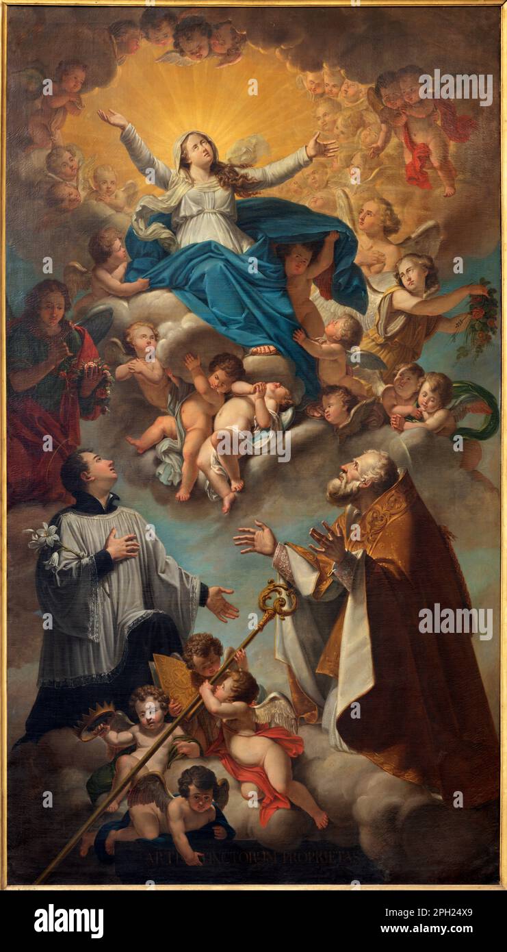 GENUA, ITALIEN - 6. MÄRZ 2023: Das Gemälde der Jungfrau Maria unter den Heiligen in der Kirche Chiesa di Santa Croce e San Camillo. Stockfoto
