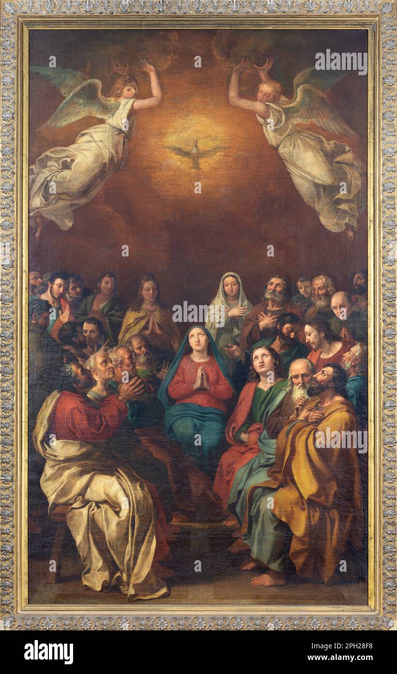 GENUA, ITALIEN - 6. MÄRZ 2023: Das Gemälde des Pfingsten in der Kirche Chiesa di Santa Caterina von der römischen Schule (17. Cent.). Stockfoto
