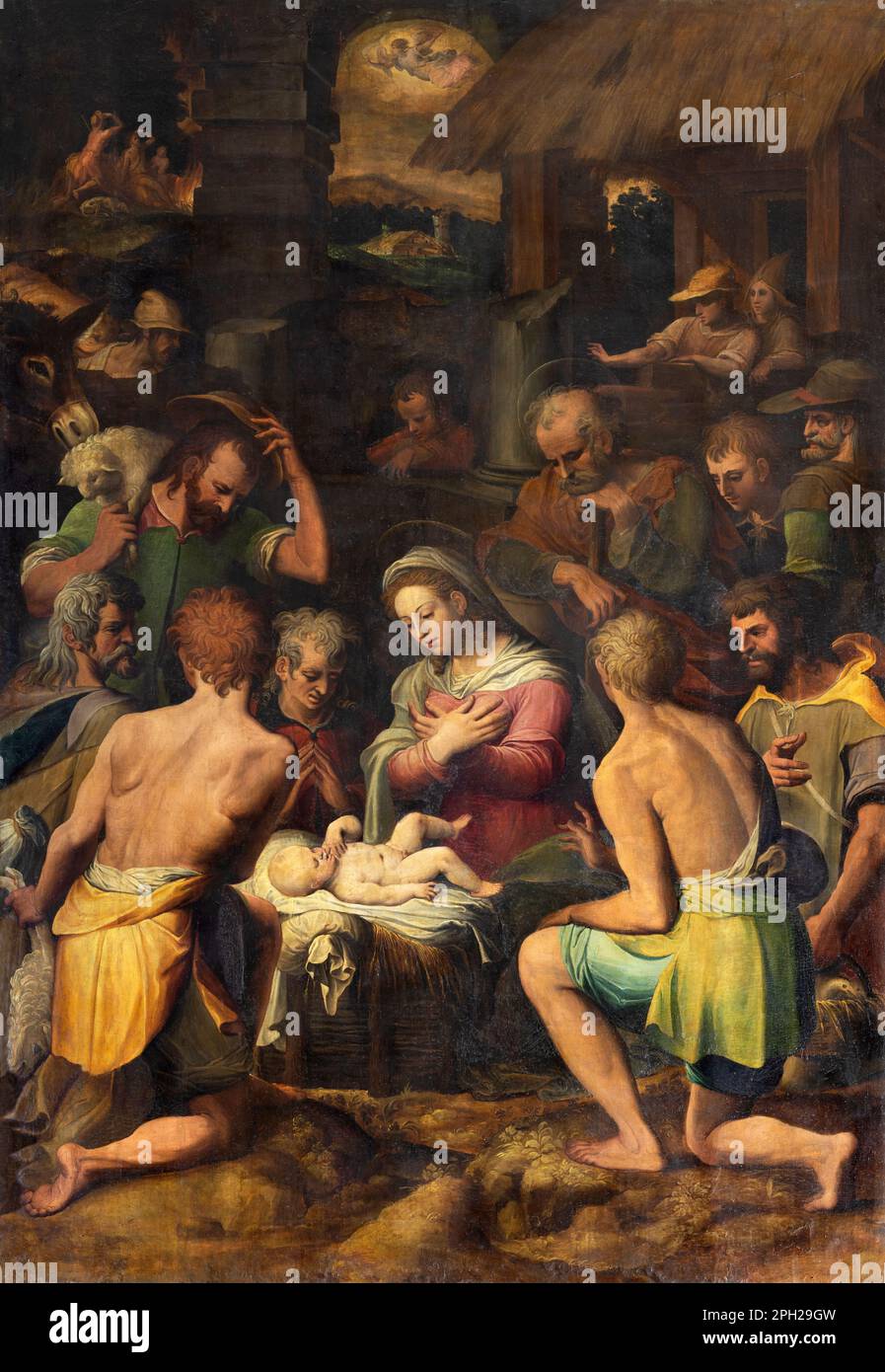 GENUA, ITALIEN - 6. MÄRZ 2023: Das Gemälde der Geburt in der Kirche Chiesa di Santa Caterina von Andrea Semino (1525 - 1595). Stockfoto