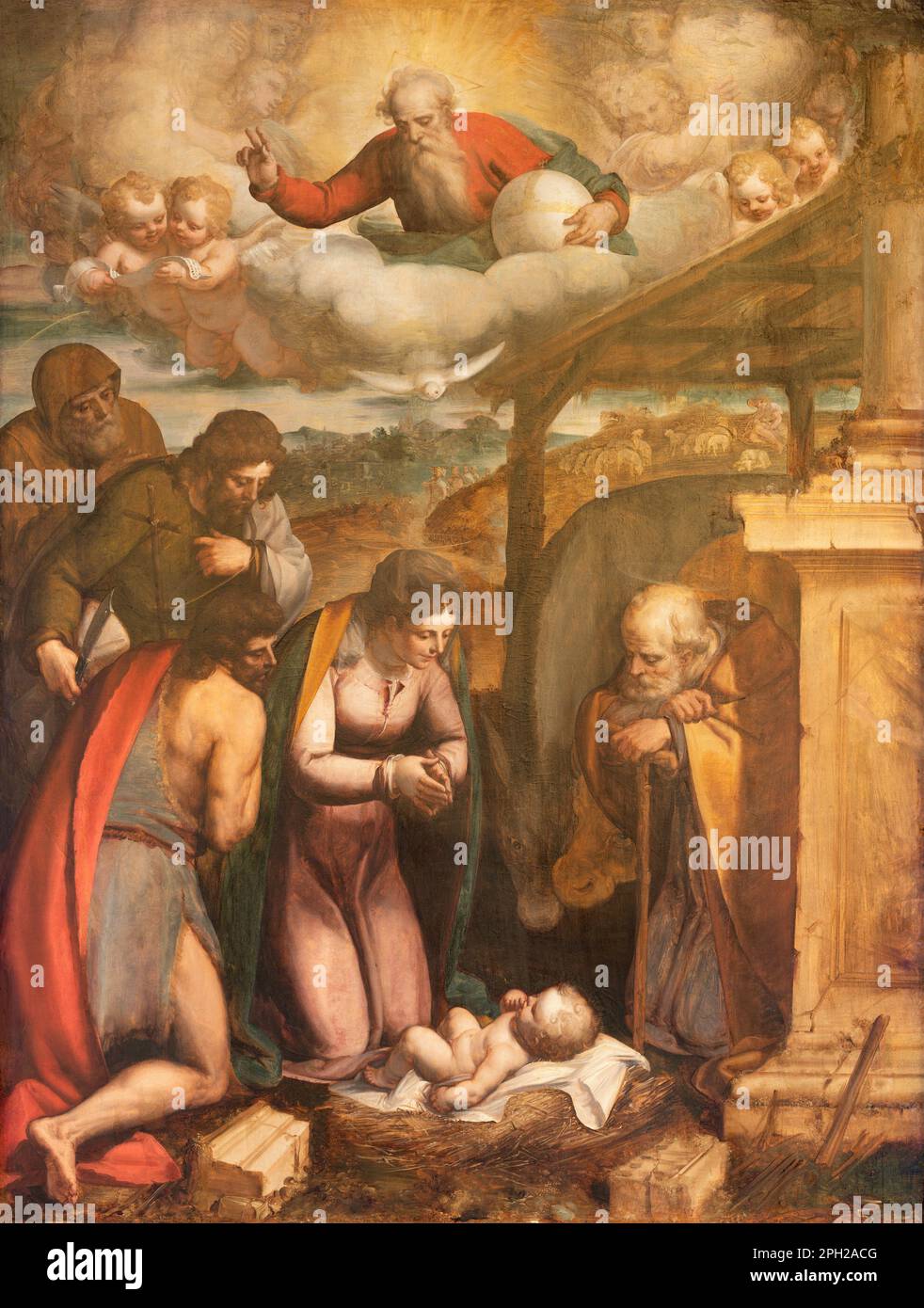 Genua - Gemälde der Geburt mit den Heiligen (Francis de Paul, Bartholomew, Baptist) in der Kirche Chiesa di Francesco da Paola. Stockfoto