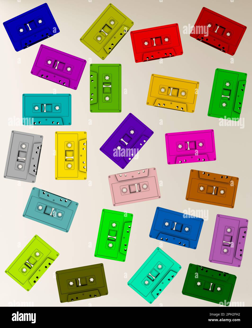 Abstraktes Bild von Kassetten, die zufällig im Raum schweben. Retro-Minimalismus aus den 80s und 90s Jahren. Ideal für Liebhaber alter Schulmusik und Enthusiasten Stockfoto